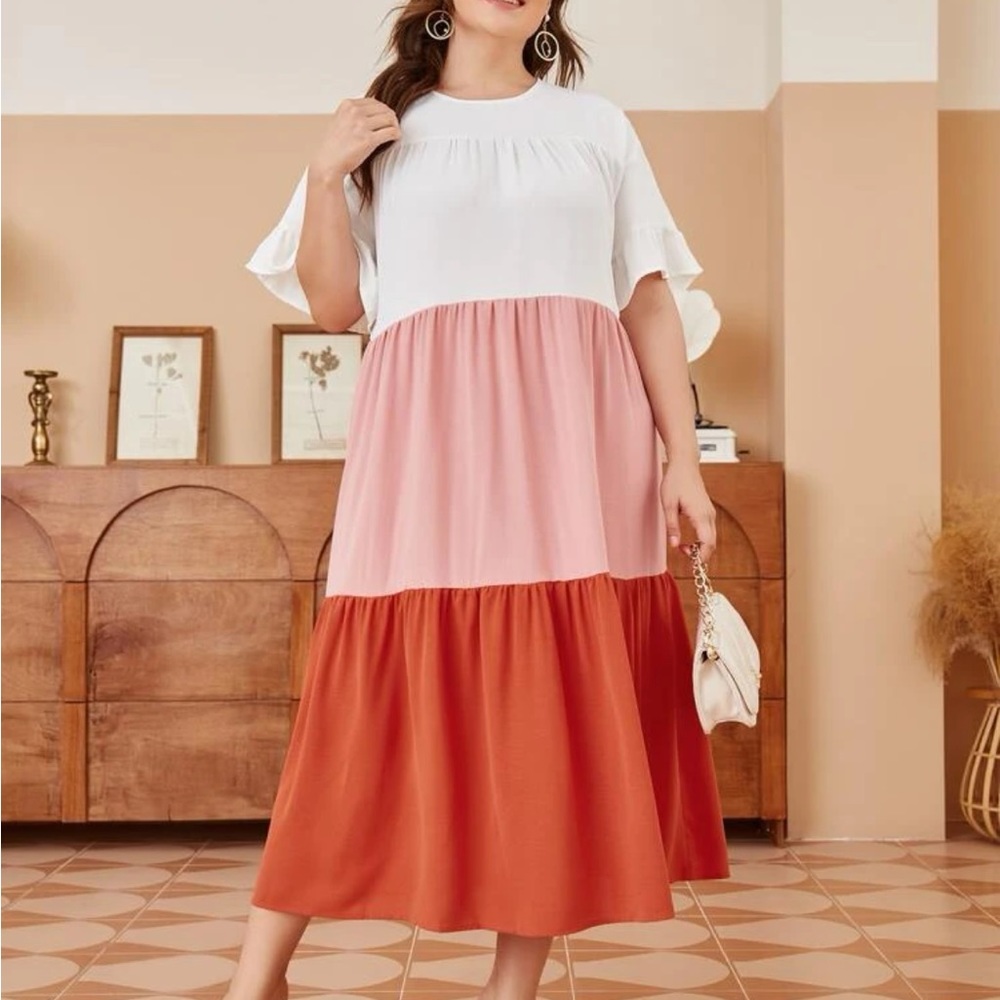 SHEIN White, Pink, and Orange Tiered Maxi Dress
